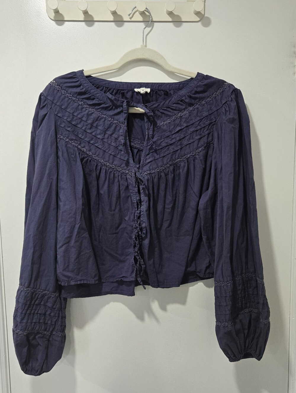 aerie Navy Peasant Blouse with Tie Front